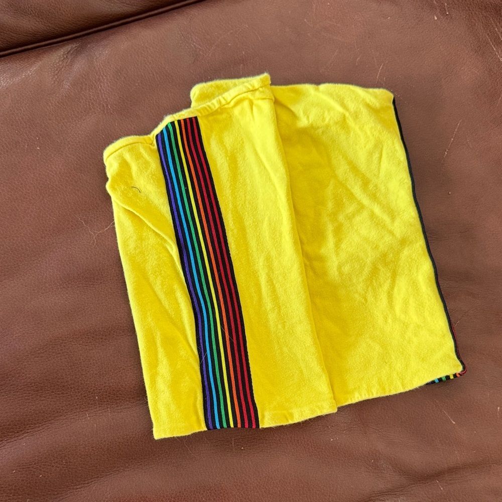 Yellow tube top with Rainbow Stripes on the side